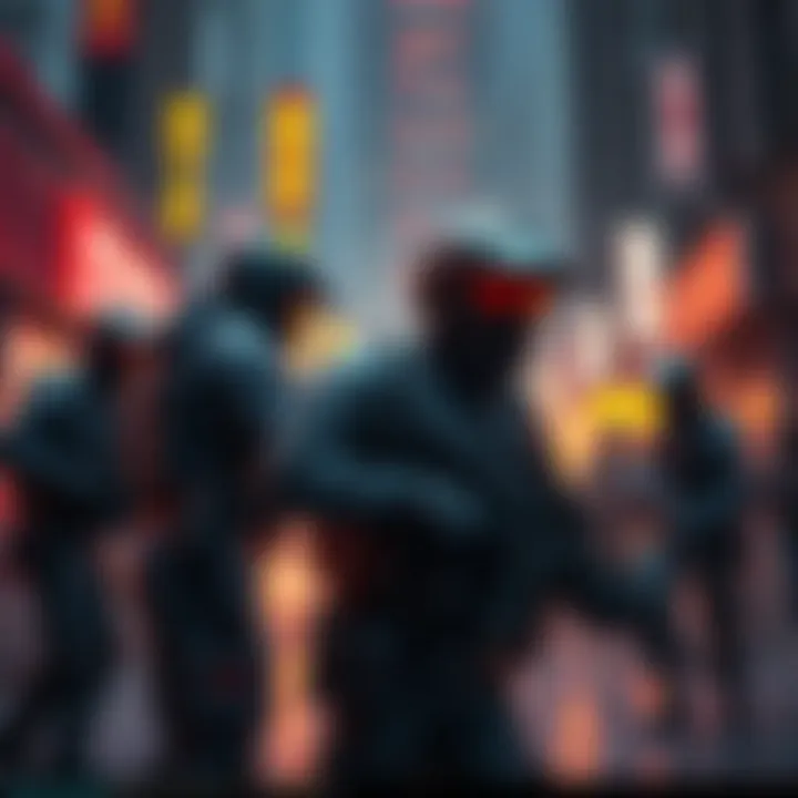 Netwatch security agents in tactical gear confronting members of the Voodoo Boys gang in a high-tech urban setting