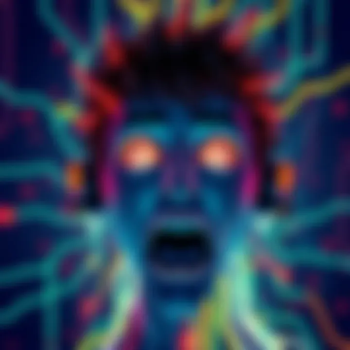 A symbolic representation of digital humor gone wrong, featuring a shocked expression on a digital face with abstract, glitchy effects.
