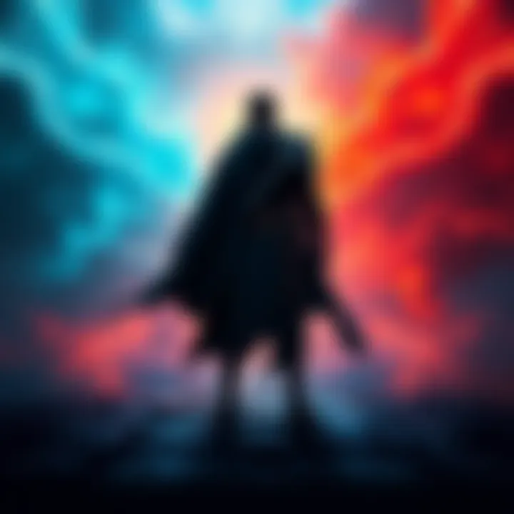 Neutral gaming alignment A character standing at a crossroads, choosing between light and dark paths, representing neutrality in gaming strategies.