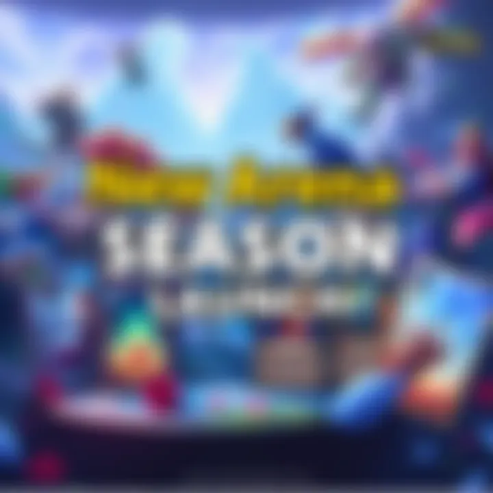 A vibrant card selection displayed for the new Arena Season in gaming, showcasing various fantasy characters and landscapes.