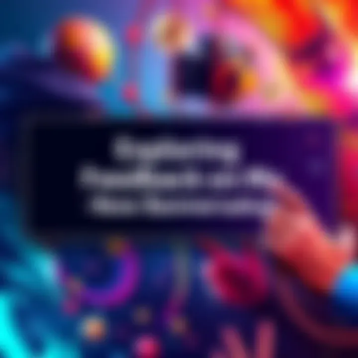 A colorful banner design featuring multiple artistic elements and text placeholders.
