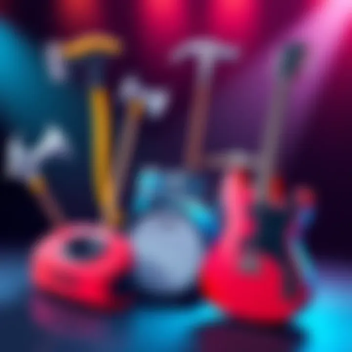 New Cel-Shaded Codenames Illustration of seven new cel-shaded items including pickaxes, a drumkit, and a guitar fitting for gaming updates.