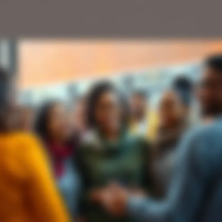 A diverse group of people smiling and talking, welcoming newcomers to the community