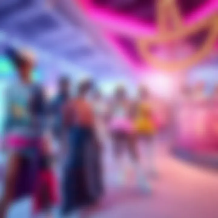 A colorful display of themed outfits including street fashion and princess styles in a gaming environment