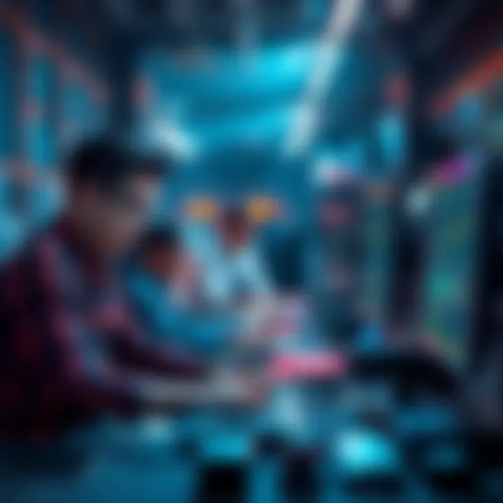 New Features Development Team working on new software features with computers and technology tools.