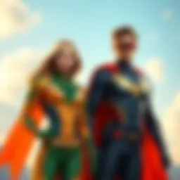 A female hero stands confidently next to a male hero, both ready for action in their vibrant costumes, hinting at an exciting storyline.