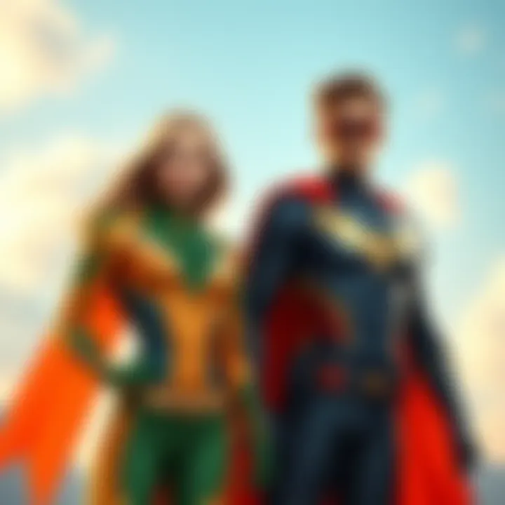 A female hero stands confidently next to a male hero, both ready for action in their vibrant costumes, hinting at an exciting storyline.