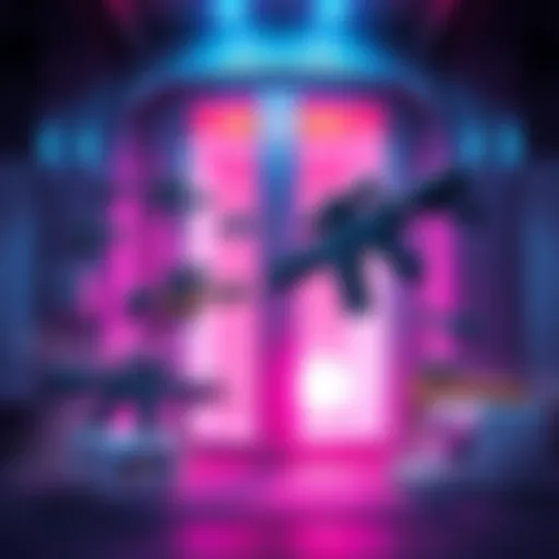 New Firearms and Features Announcement Illustration showing new guns and features for Speranza Hub with Tien Wen's door opening in the background