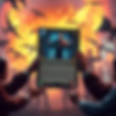 New Game Card in Action A game card that represents innovative mechanics, surrounded by players debating its impact.