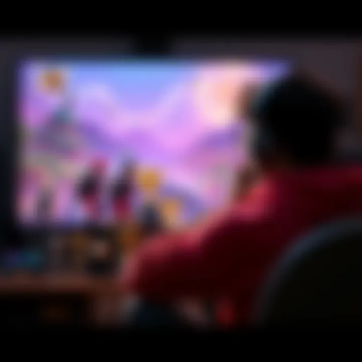 Player aiming for New Game+ trophy A gamer sitting in front of a screen, focused on a game, surrounded by trophies and collectibles, showing determination to earn the New Game+ trophy.