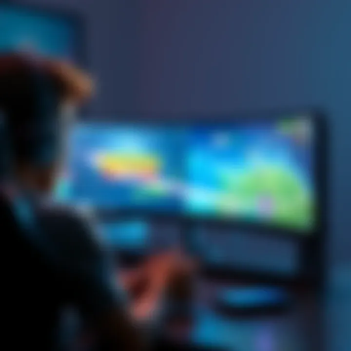New Game Release Art A gamer sitting in front of a computer, looking at a new game on screen with familiar challenges, controllers in hand and a focused expression.
