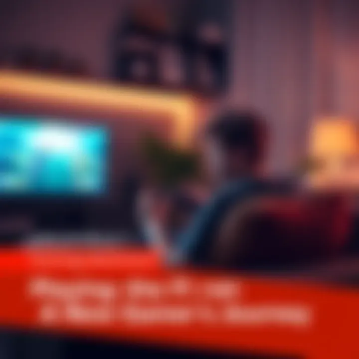 A person sitting on a couch, holding a game controller with a look of excitement and uncertainty while looking at a TV screen showing a video game. The room is dimly lit, creating a cozy gaming atmosp...