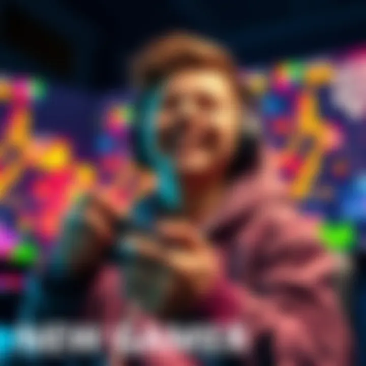 A new player smiles with excitement while holding a game controller, surrounded by colorful gaming graphics.