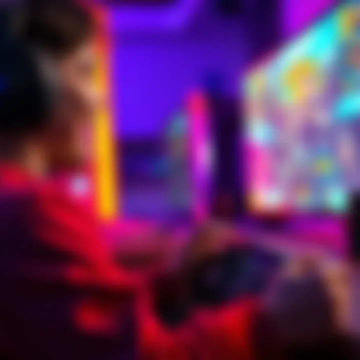 A person enjoying a fast-paced video game on a console, with colorful graphics on the screen and an excited expression.