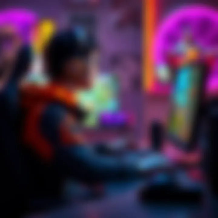 A new gamer sits at their computer, focused on a PvE game, with a friendly interface showcasing colorful graphics and easy gameplay.