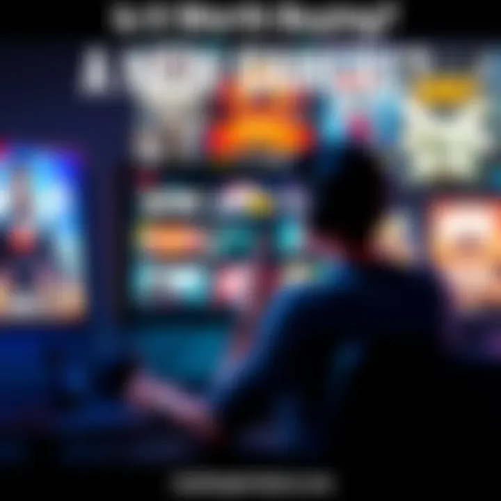 A person sitting in front of a computer, looking thoughtfully at various video game titles on the screen.
