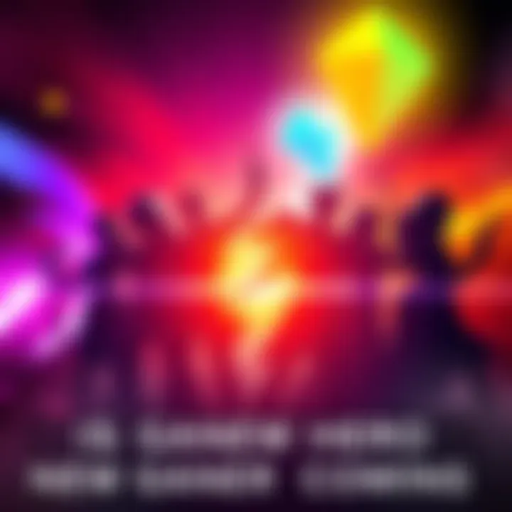 New Gaming Hero Announcement An exciting graphic showing silhouettes of new gaming heroes with bright colors and dynamic poses, set against a vibrant background.