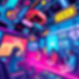 A colorful illustration showing futuristic gaming mechanics with players engaged in virtual environments, highlighting innovation in gaming for 2025.