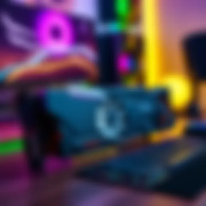 Close-up of a modern graphics card placed on a desk with a gaming setup in the background.