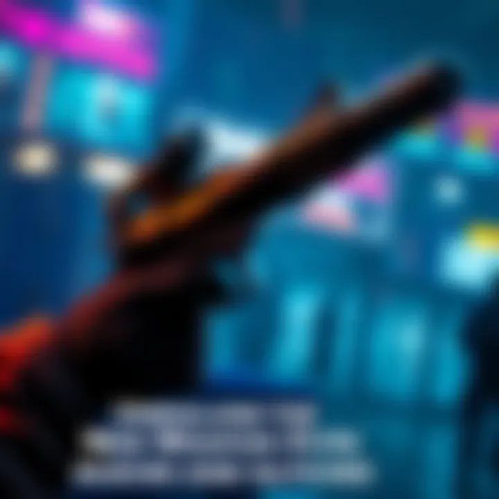 A game scene featuring a new weapon with a silencer and a glitching effect in the background, showing community reactions around it.