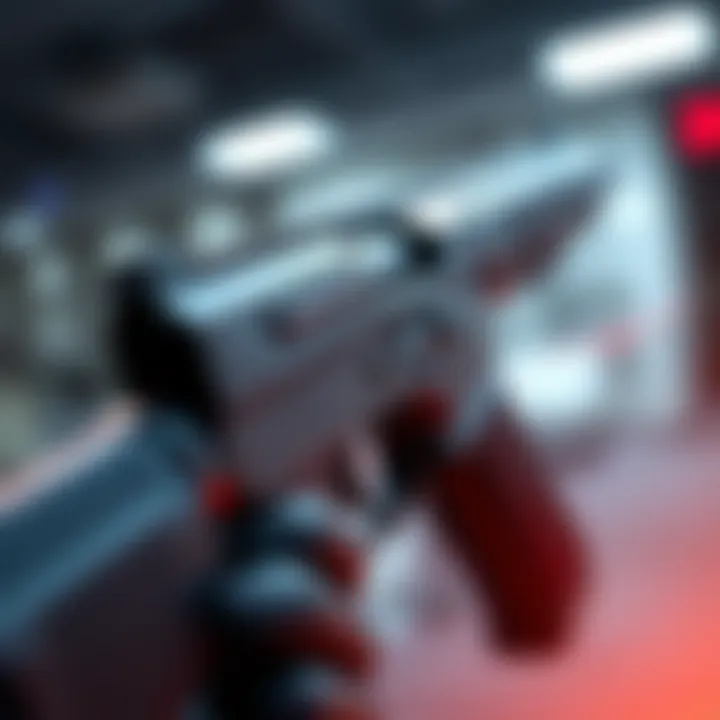 A close-up of a sleek, modern firearm being showcased with a blurred background, hinting at its features and design.