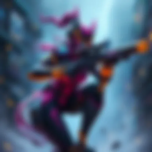 Concept art of a new hero combining features of Sojourn and Widowmaker, showcasing a dynamic pose with a sniper rifle and futuristic design elements.