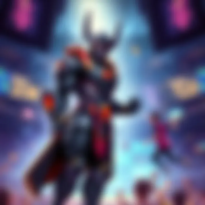 A digital illustration of the new hero Vendetta, featuring a heroic figure with striking armor and a confident stance, standing against a backdrop of a gaming arena filled with excited players, symbolizing the ongoing debate about the ban system.