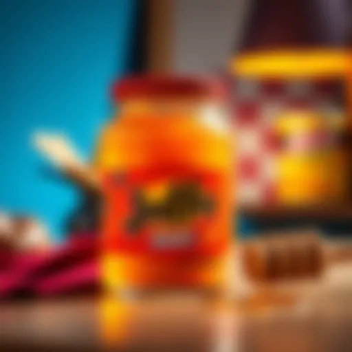A jar of Jaffa's new Hot Honey flavor sitting on a table with a honey dipper nearby.