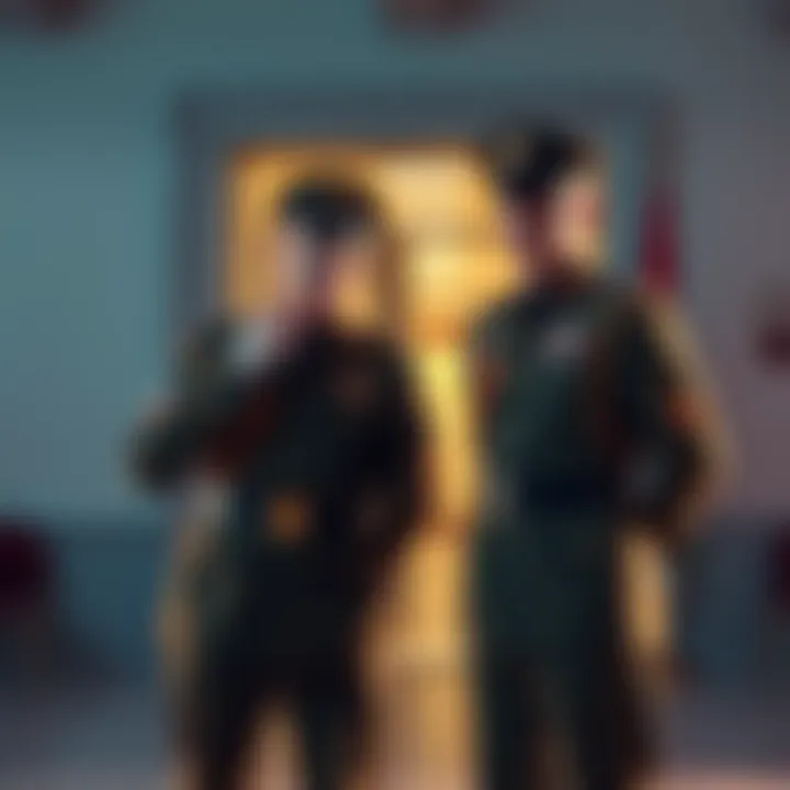 Two new lieutenants in military uniforms stand in front of a quartermaster's office, discussing plans.