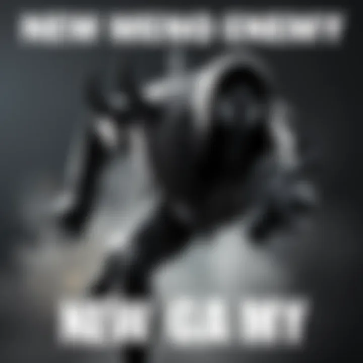 A new enemy design in a monochrome first-person shooter game, featuring bold black and white contrasts, showcasing unique features and traits, inviting player engagement.