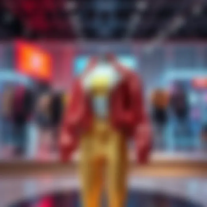 A stylish outfit designed by micnuggy displayed on a mannequin, showcasing vibrant colors and modern design.