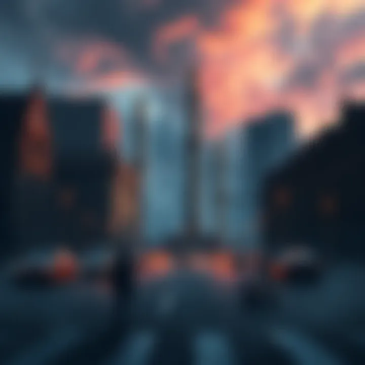 New Plague Tale Game Concept Art Concept art showing a modern cityscape with hints of a plague theme, featuring dark clouds and empty streets, suggesting a sense of foreboding.