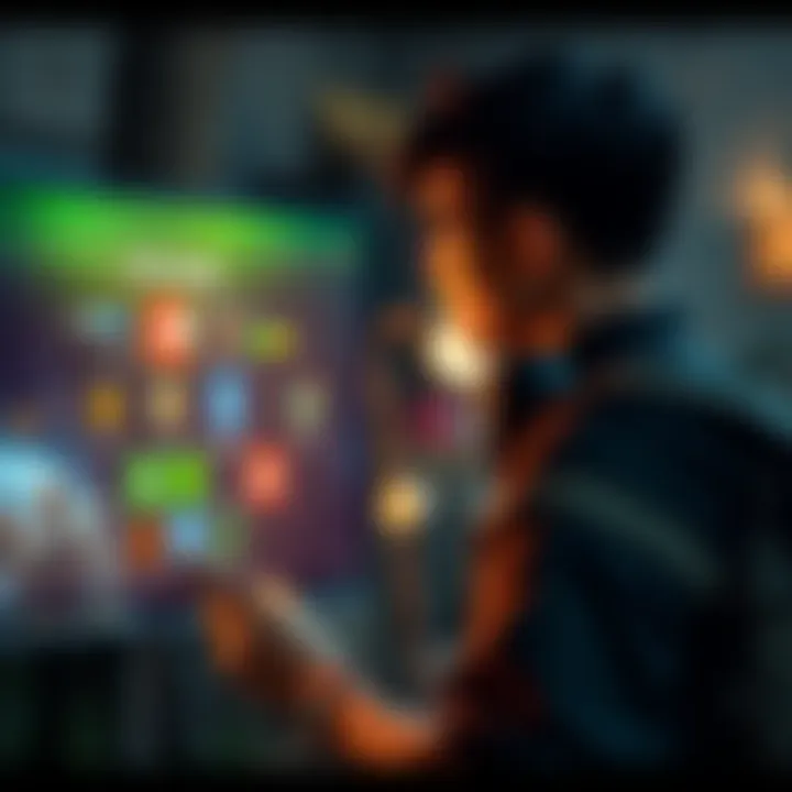 A new gamer looks at side quest options on a screen while a game character stands nearby, showing various quest icons and progress bars.