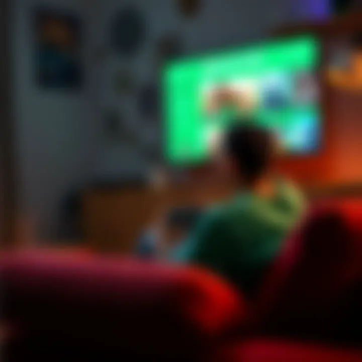 A person sitting on a couch with an Xbox controller, looking at a screen displaying various Xbox Game Pass titles, showing excitement about choosing a game.