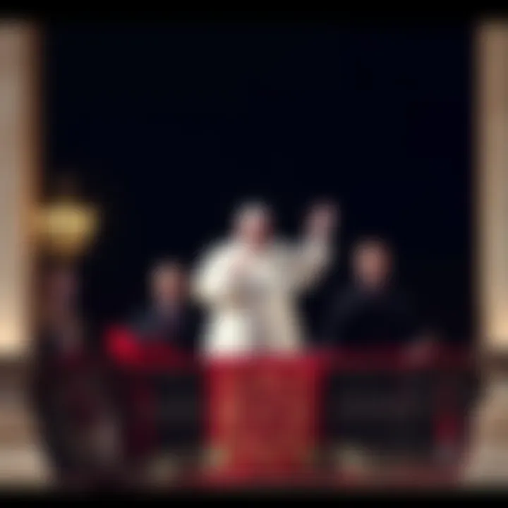 The newly elected pope stands on the balcony of St. Peter's Basilica, greeting the crowd below with open arms.