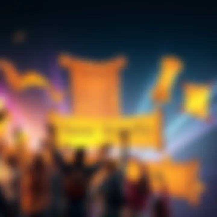 A group of people celebrating the launch of new scrolls, holding banners and cheering, with scrolls displayed in the background.