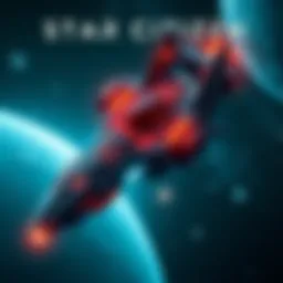 A futuristic spaceship featured in Star Citizen for sale, priced at $5,000, with a sleek design and high-tech features, glowing lights, and a cosmic background.
