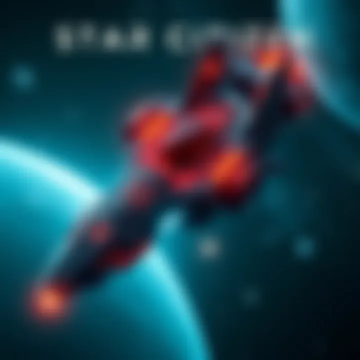 A futuristic spaceship featured in Star Citizen for sale, priced at $5,000, with a sleek design and high-tech features, glowing lights, and a cosmic background.