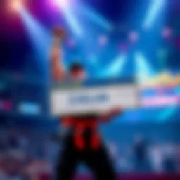 The new champion of Street Fighter celebrating victory at Capcom Cup 12, holding a $1 million check on stage