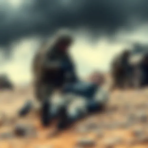 Soldier placing a suicide vest on an incapacitated enemy in a combat scenario.