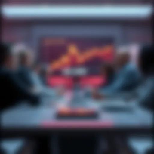 A group of people debating around a table about the costs of new technology, with a chart showing price fluctuation on a screen behind them.