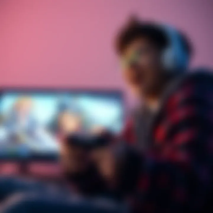 A person enjoys playing a turn-based RPG on their gaming console, with excitement visible on their face and a game controller in hand.