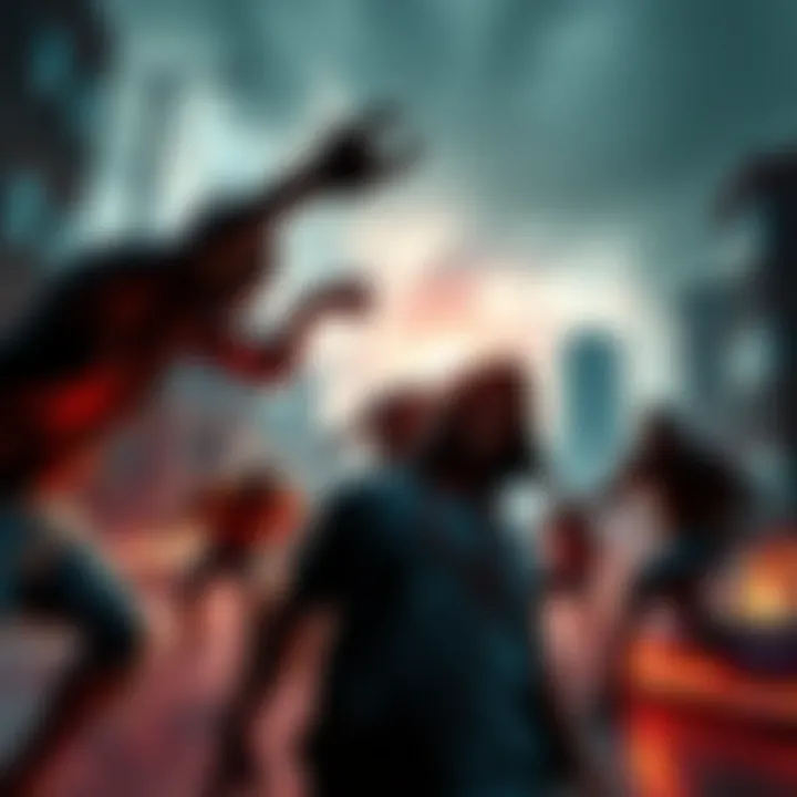 A group of various new zombie types including goons, demolishers, and toads attacking a survivor in a post-apocalyptic cityscape.