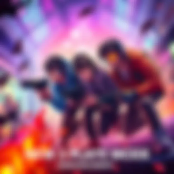 Three gamers working together in a vibrant game environment, showcasing teamwork and action.