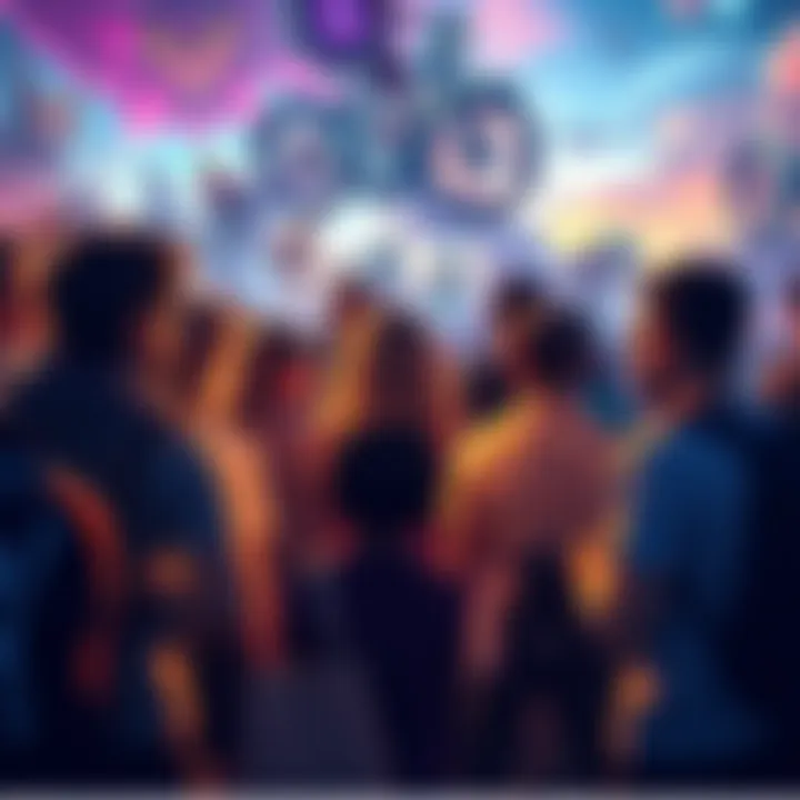 A group of excited fans discussing the latest beta lore update with visuals of characters and scenes from the game in the background