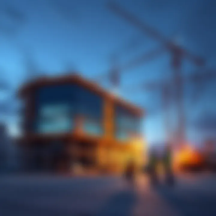 Construction workers on-site at a new build project, with cranes and equipment visible