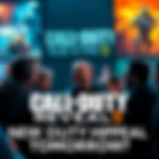 A group of excited fans discussing the upcoming Call of Duty announcement with game posters in the background