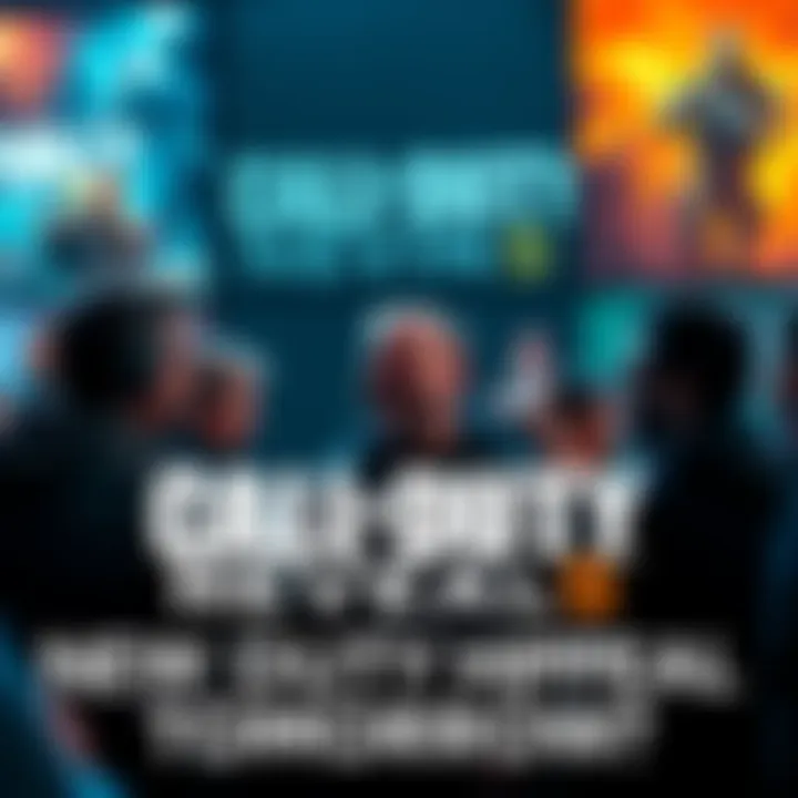 A group of excited fans discussing the upcoming Call of Duty announcement with game posters in the background