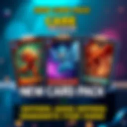 New Card Pack Release A display of three new trading cards and various album variants for collectors, showcasing colorful designs and unique artwork.