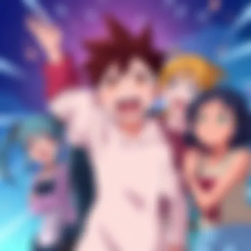 An excited group of anime characters reacts to the arrival of a new character, showing surprise and curiosity.